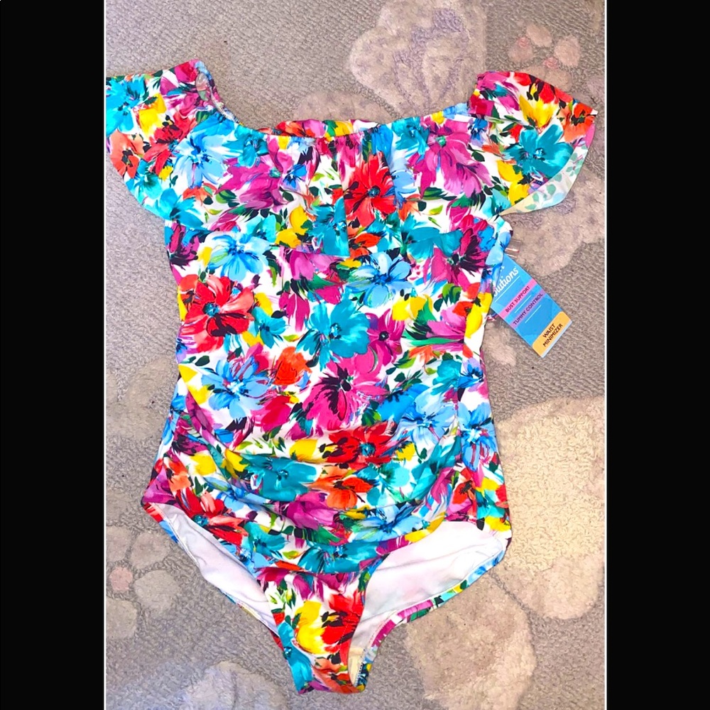 NWT Swim Solutions Floral One-Piece Off Shoulder Swimsuit Size 8